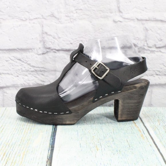 Lotta From Stockholm Shoes - *Lotta Black Leather T-Bar Ankle Strap Highwood Swedish Clogs Size 38